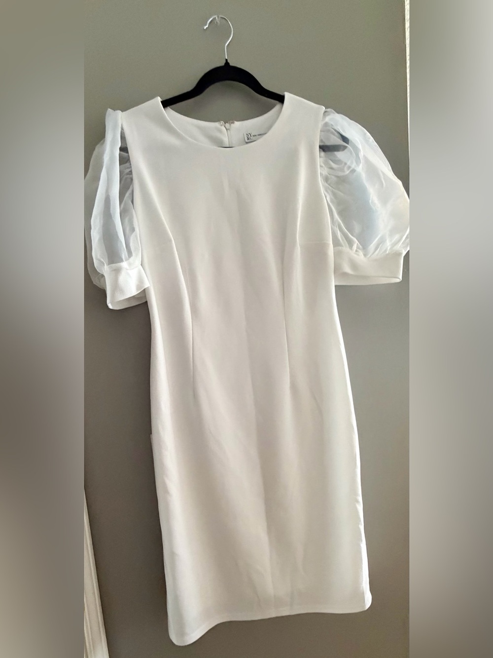 New York & Company White Midi Dress with Sheer Puff Sleeves